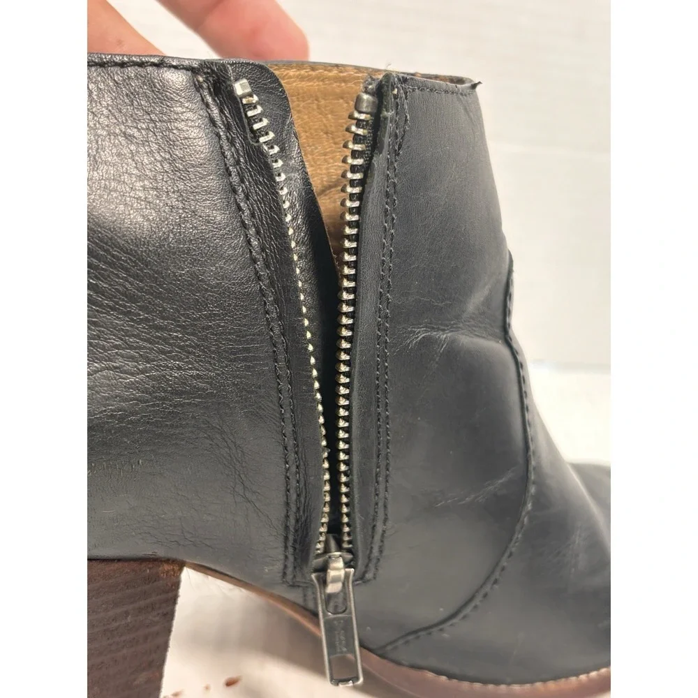Madewell The Brenner Black Leather Ankle Boots Block Heel Side Zip Womens 9‎